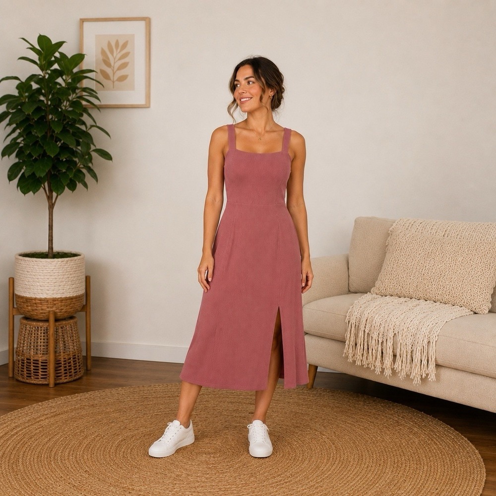 Popular 21 Ribbed Midi Dress Small Mauve Rose Pink Square Neck Side Slit Stretch